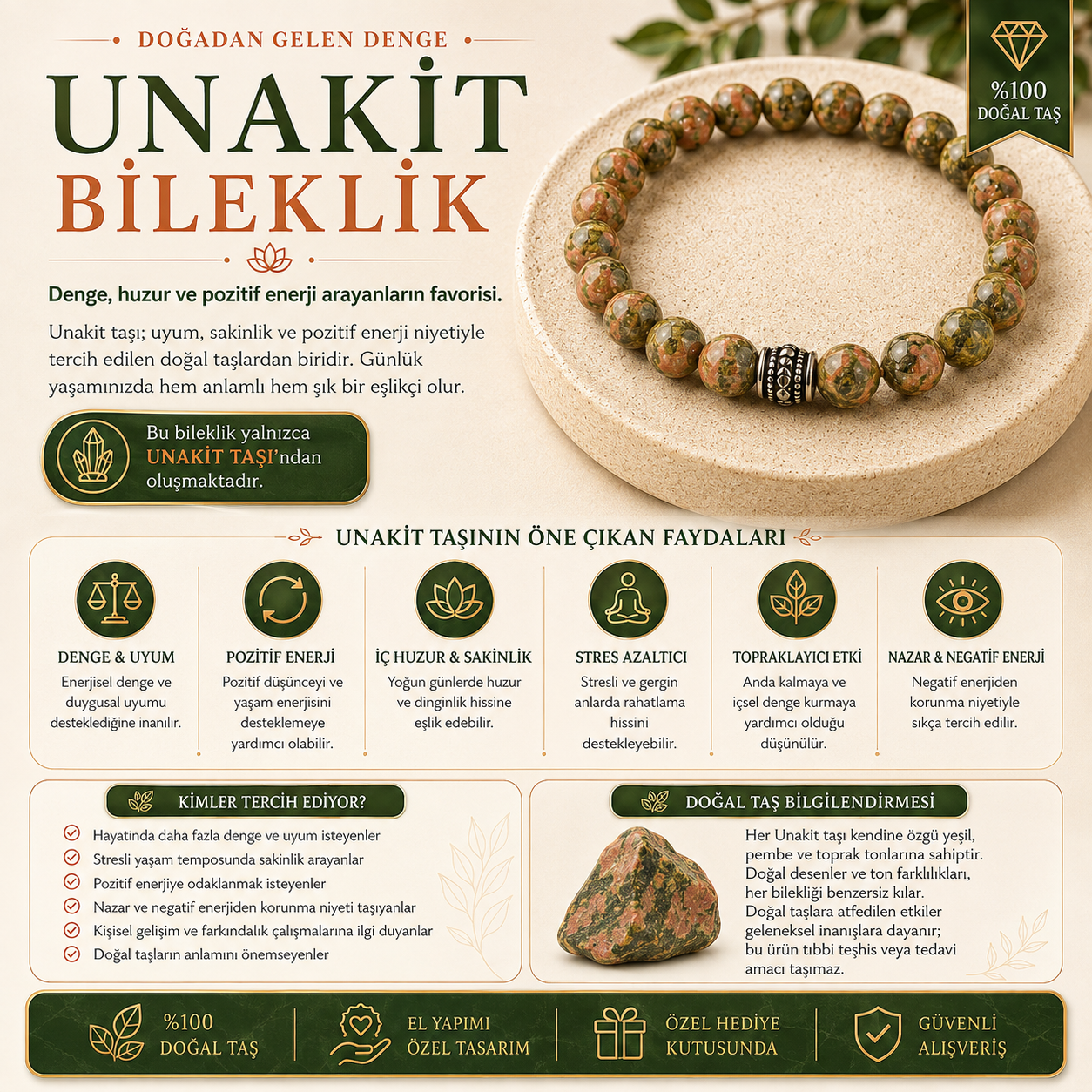 Unakit Taşı Doğal Taş Bileklik