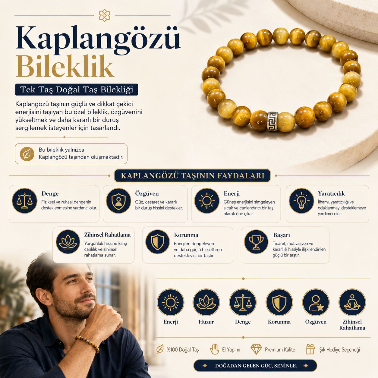 Kaplangözü Doğal Taş Bileklik (Sarı)