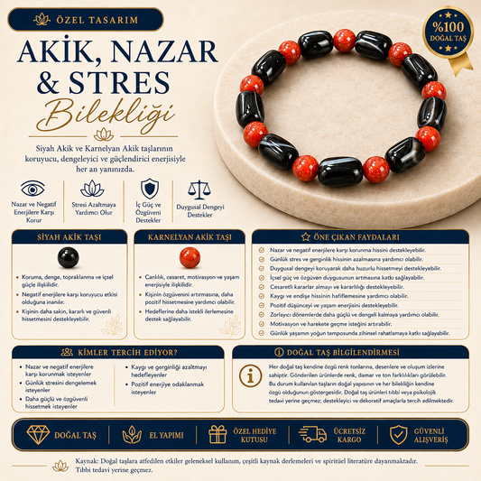 Özel Tasarım Akik, Nazar & Stres Bilekliği