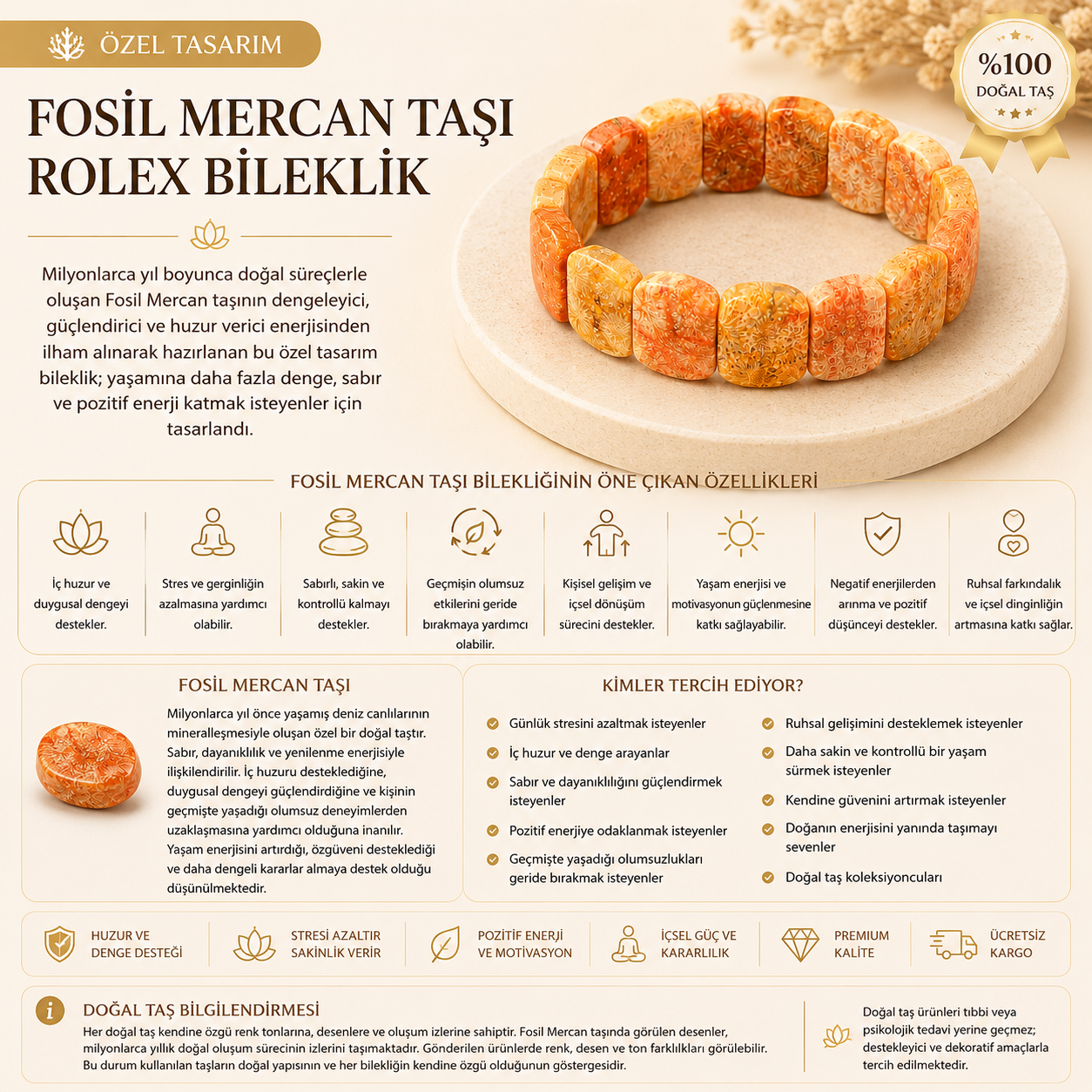 Fosil Mercan Taşı Rolex Bileklik