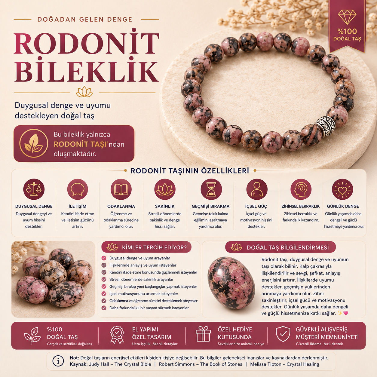 Rodonit Doğal Taş Bileklik