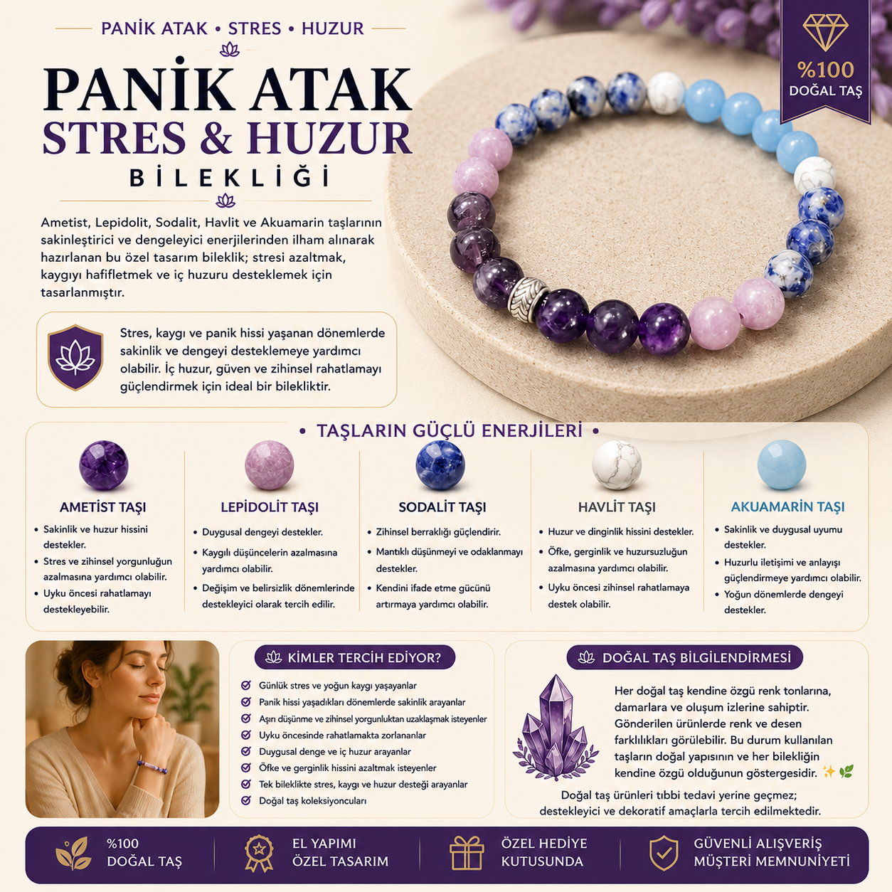 💜 Panik Atak, Stres & Huzur Bilekliği 💜