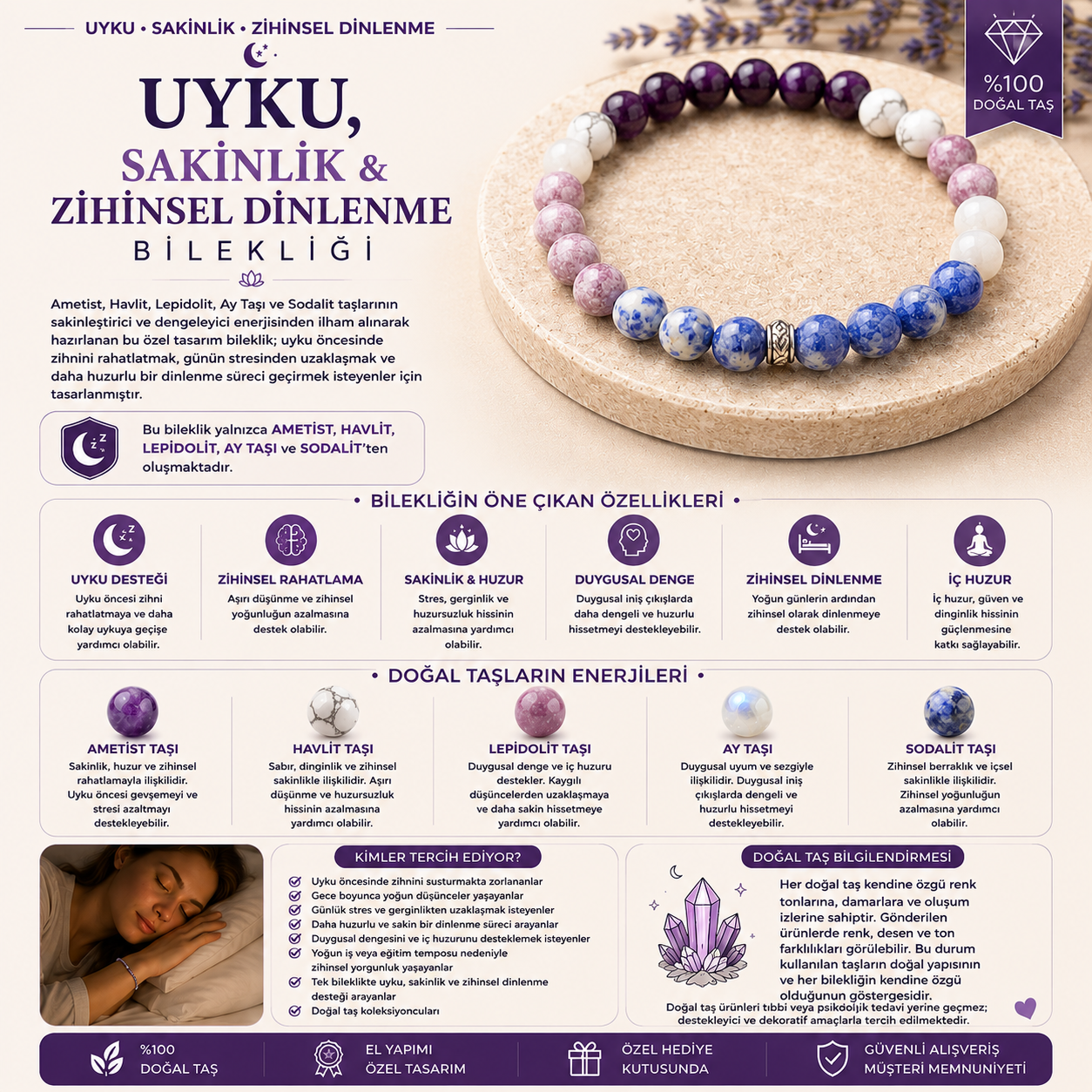 🌙 Uyku, Sakinlik & Zihinsel Dinlenme Bilekliği 🌙