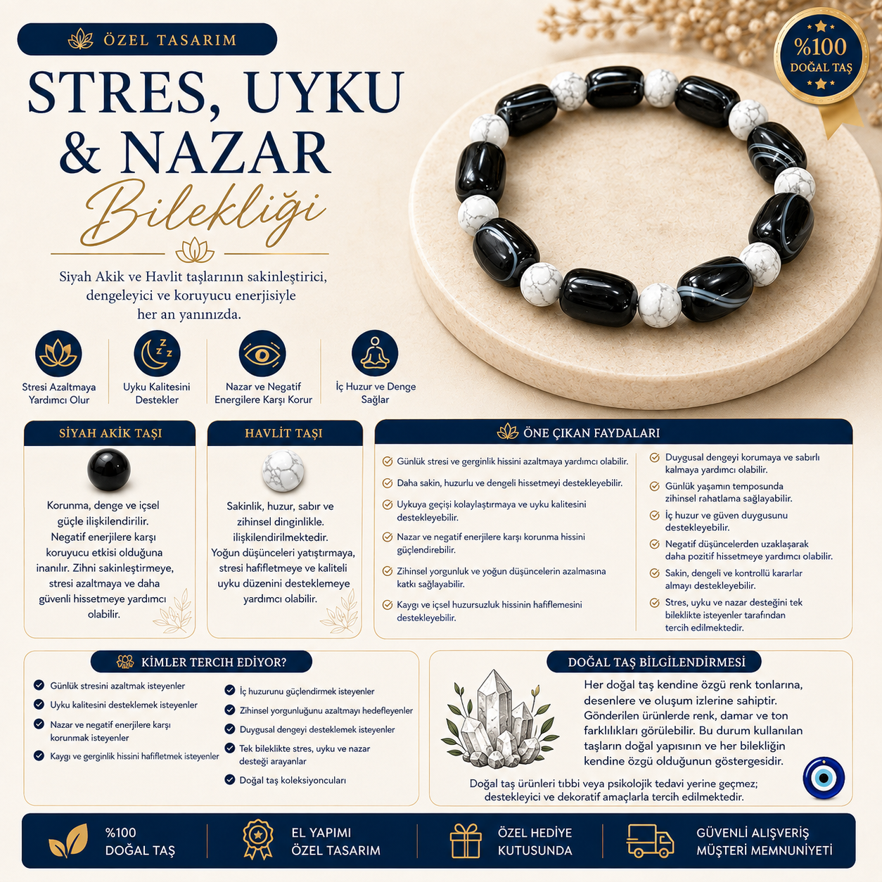 Özel Tasarım Stres, Uyku & Nazar Bilekliği