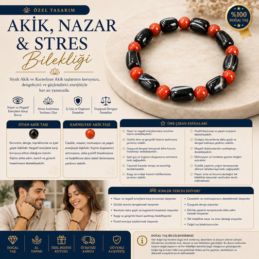 Özel Tasarım Akik, Nazar & Stres Bilekliği