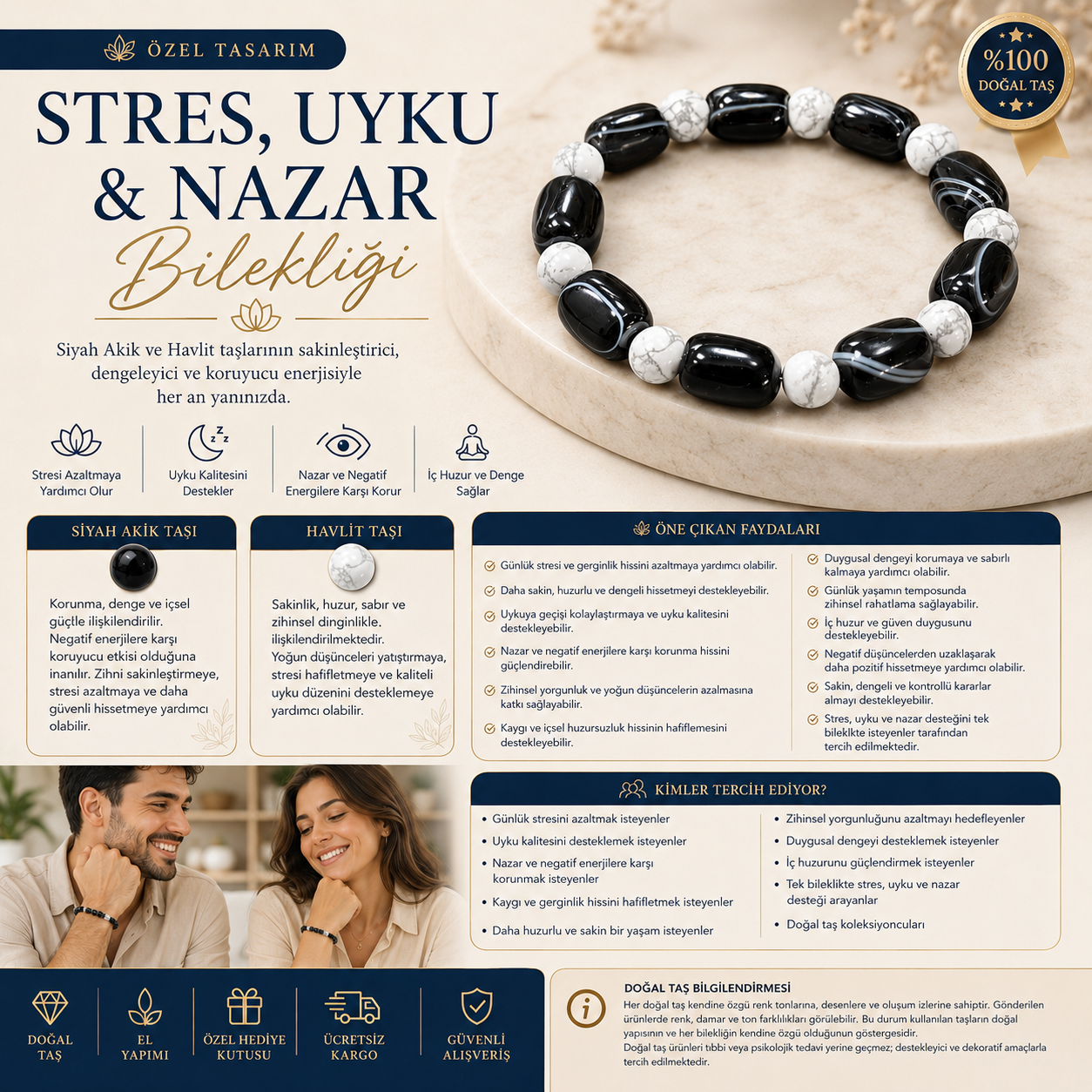 Özel Tasarım Stres, Uyku & Nazar Bilekliği