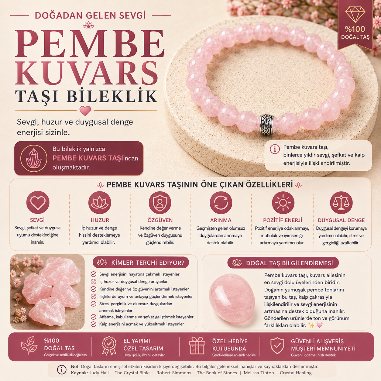 Pembe Kuvars Taşı Doğal Taş Bileklik