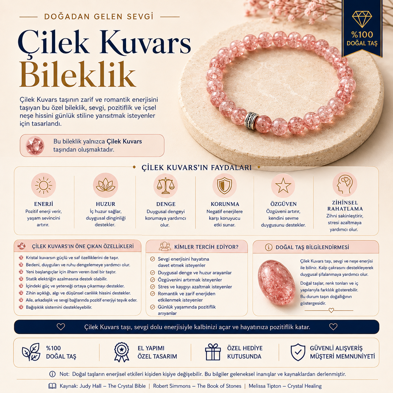 Çilek Kuvars Doğal Taş Bileklik