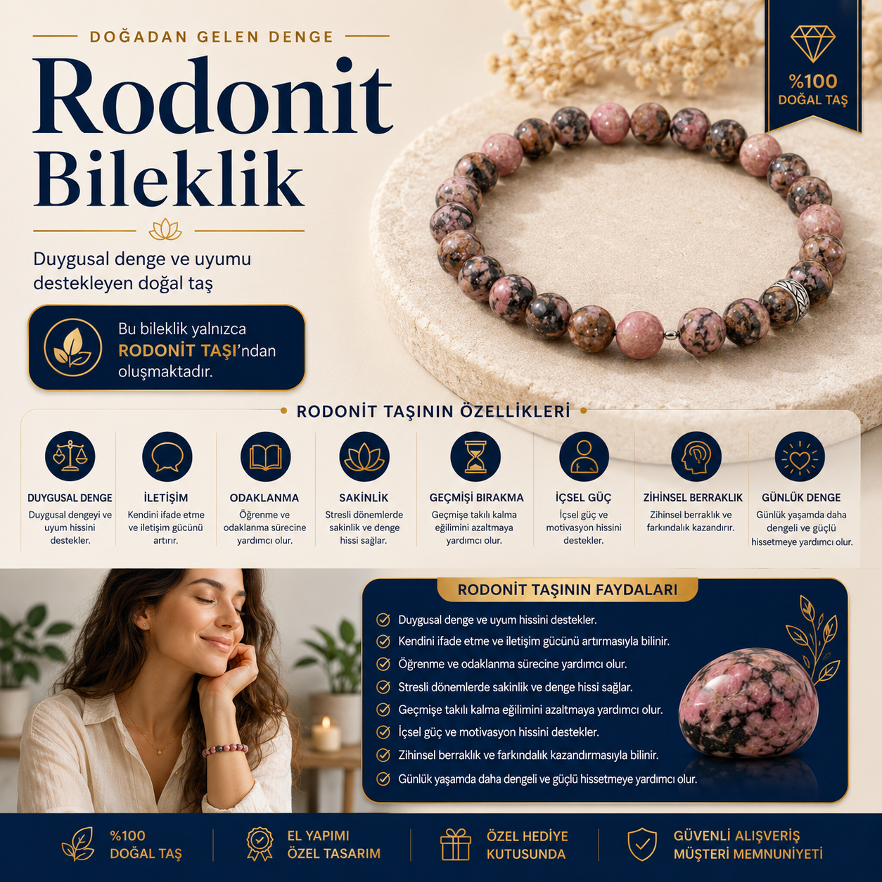 Rodonit Doğal Taş Bileklik