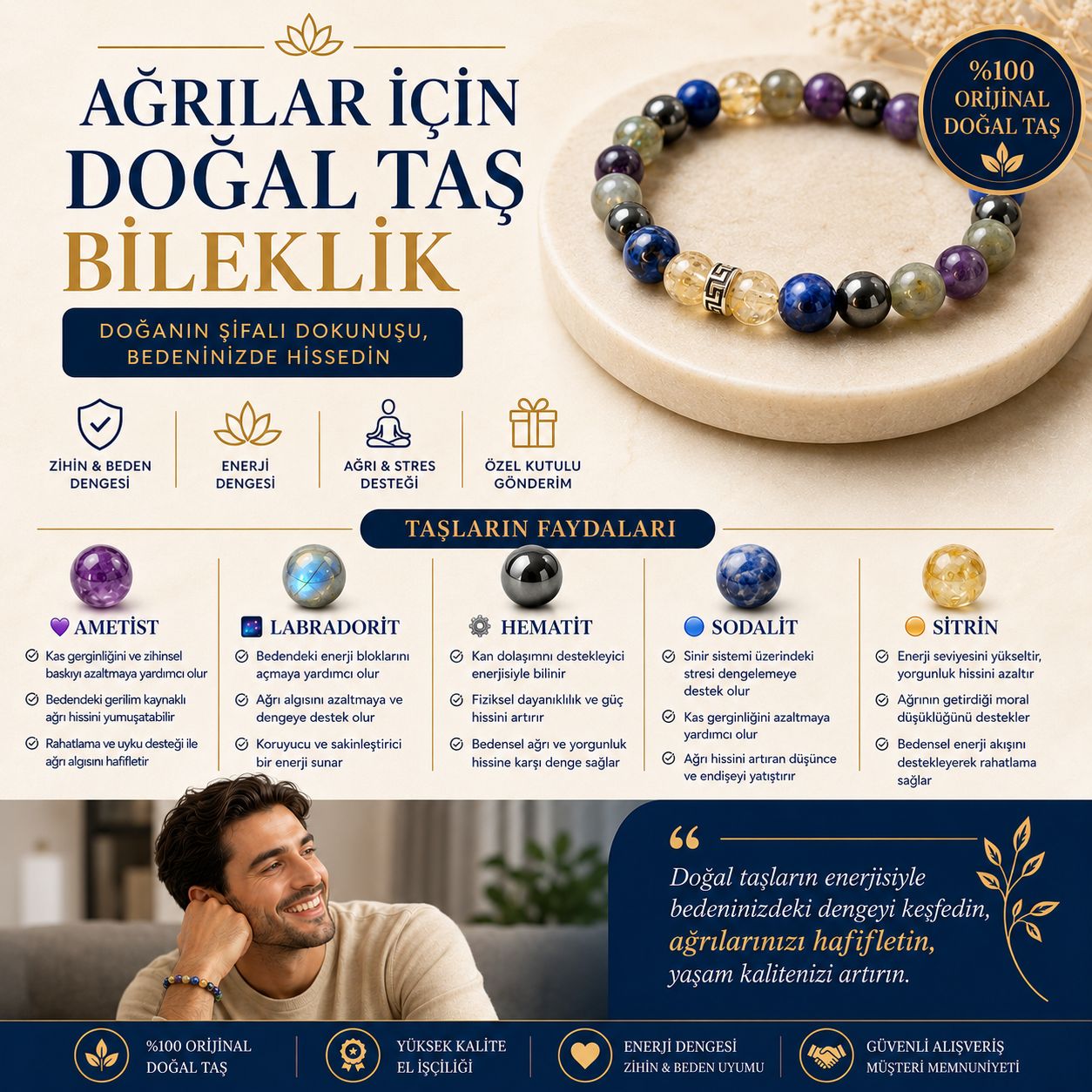 Ağrılar İçin Doğal Taş Bileklik