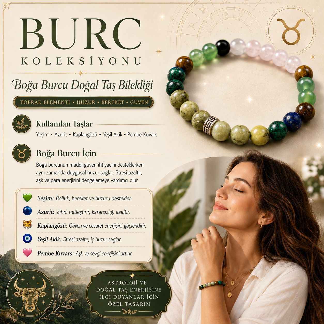 Boğa Burcu Doğal Taş Bilekliği | Burç Koleksiyonu