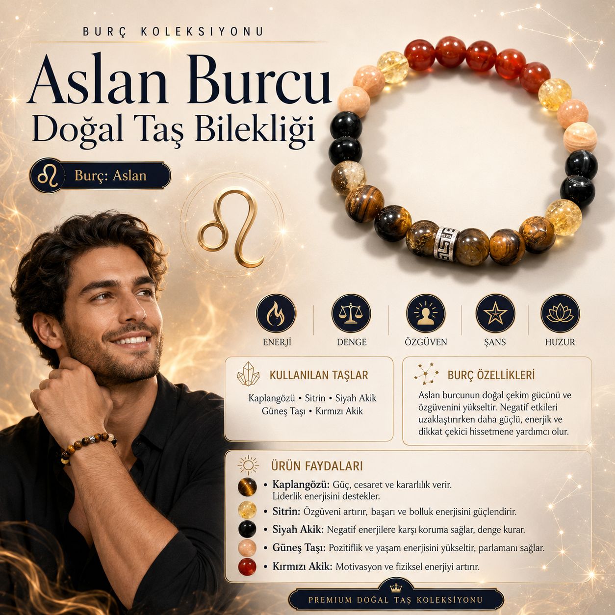 Aslan Burcu Doğal Taş Bilekliği | Burç Koleksiyonu