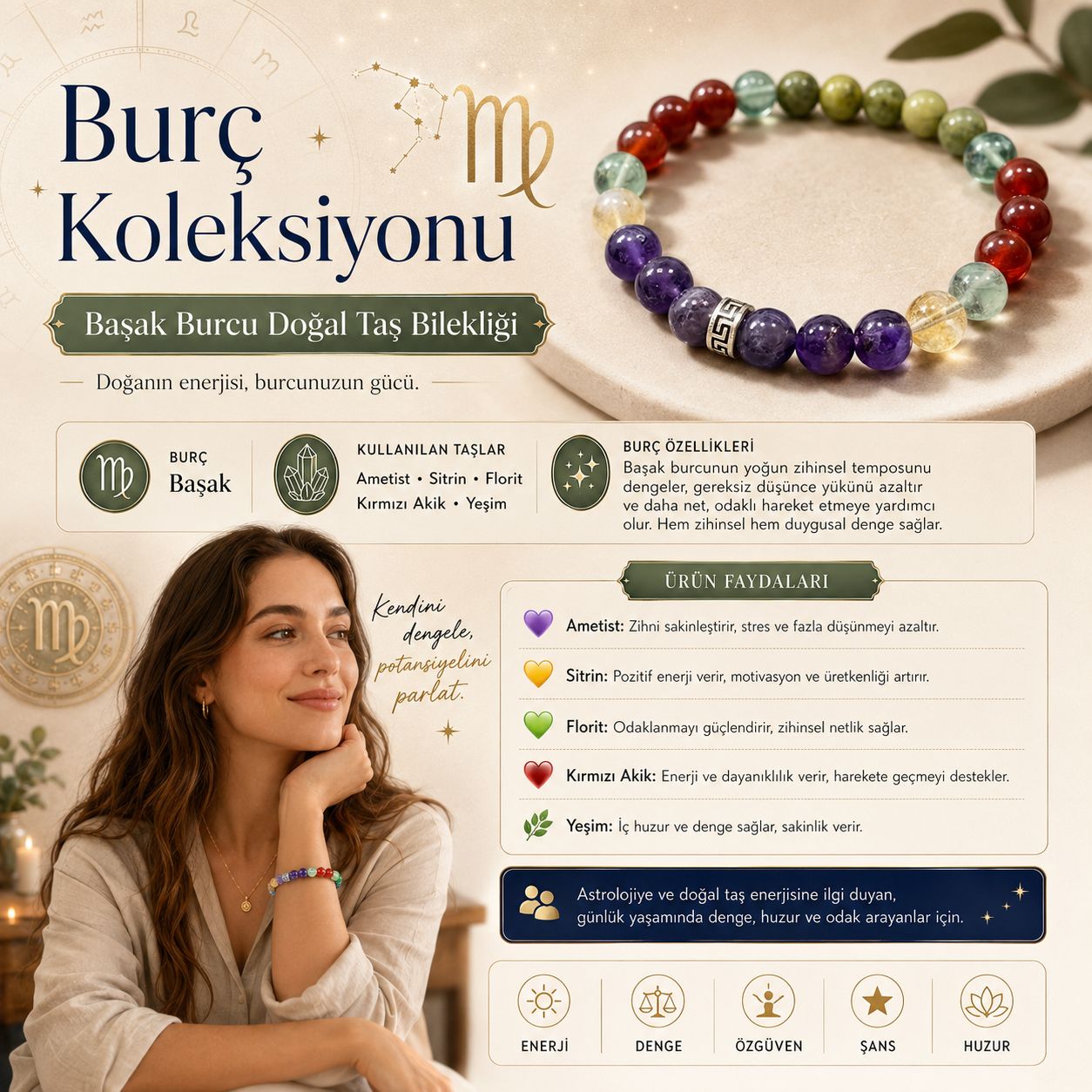 Başak Burcu Doğal Taş Bilekliği | Burç Koleksiyonu