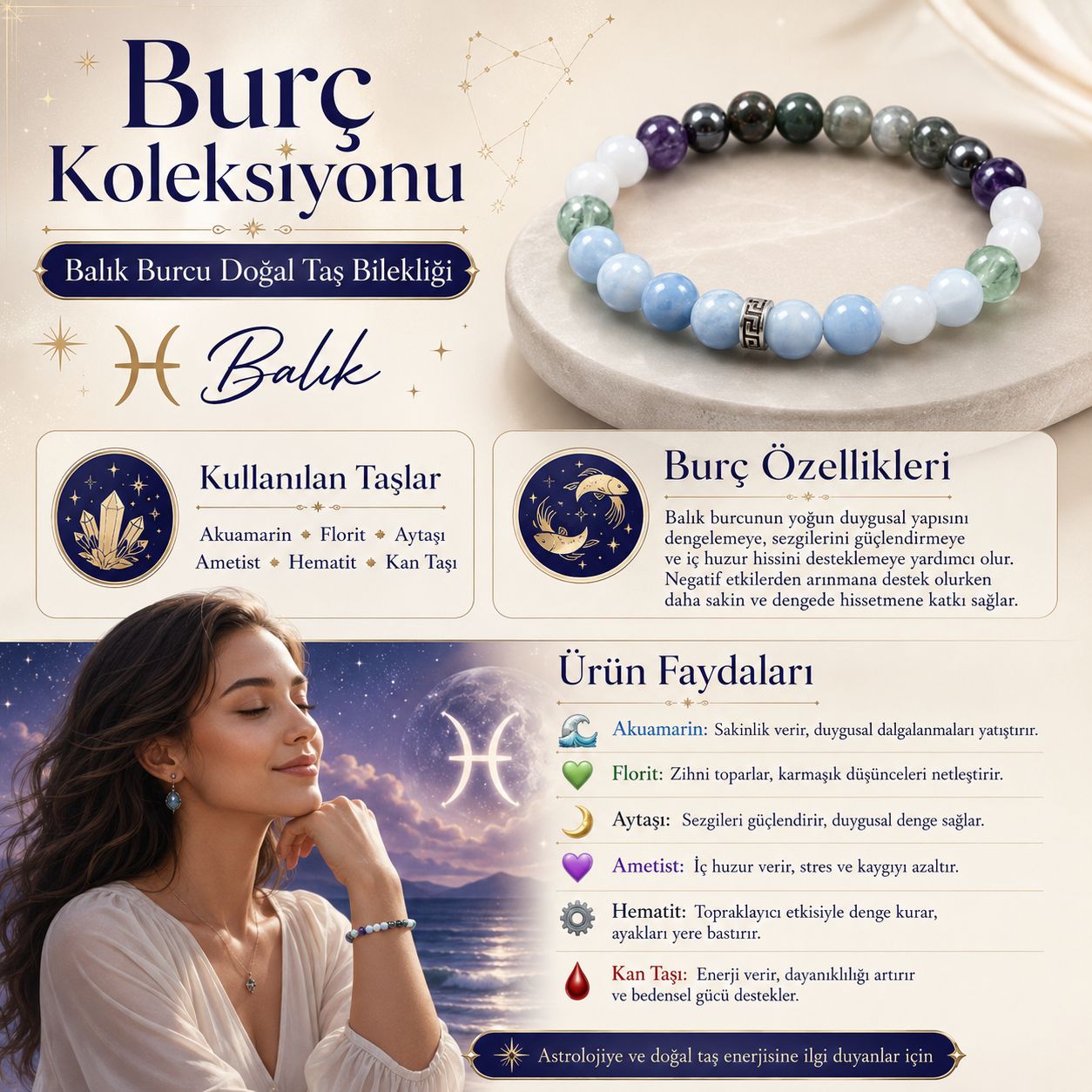 Balık Burcu Doğal Taş Bilekliği | Burç Koleksiyonu