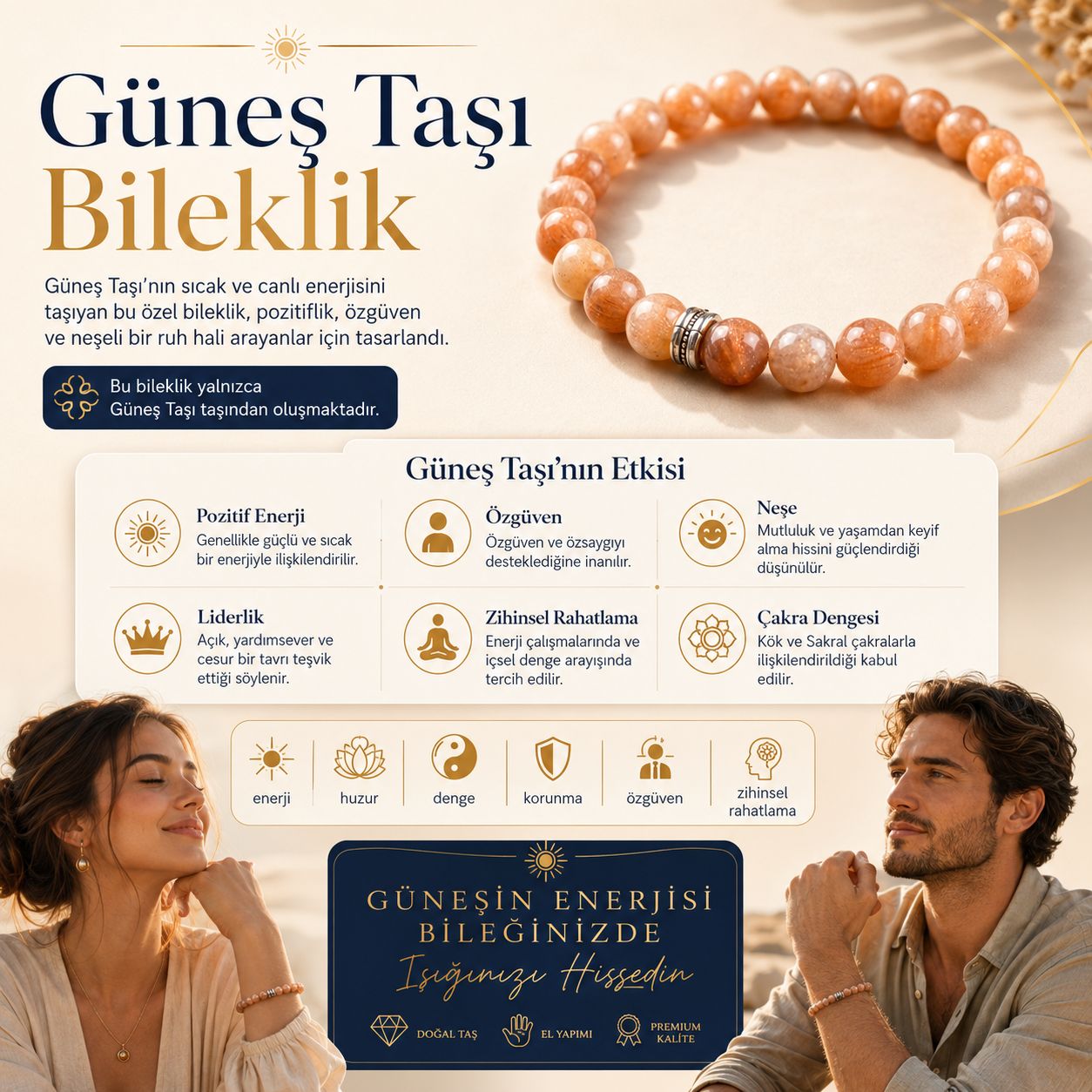 Güneş Taşı Doğal Taş Bileklik