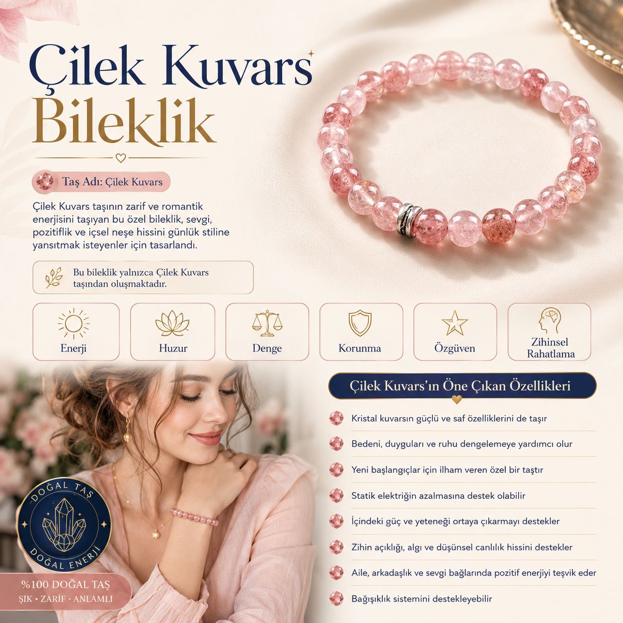 Çilek Kuvars Doğal Taş Bileklik