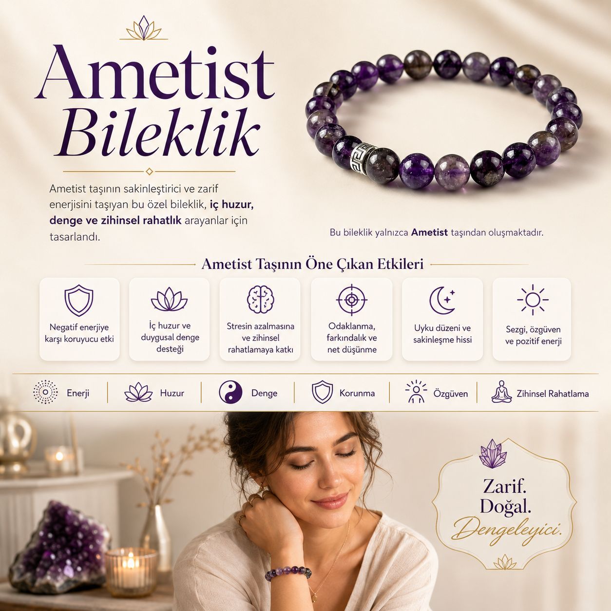 Ametist Doğal Taş Bileklik