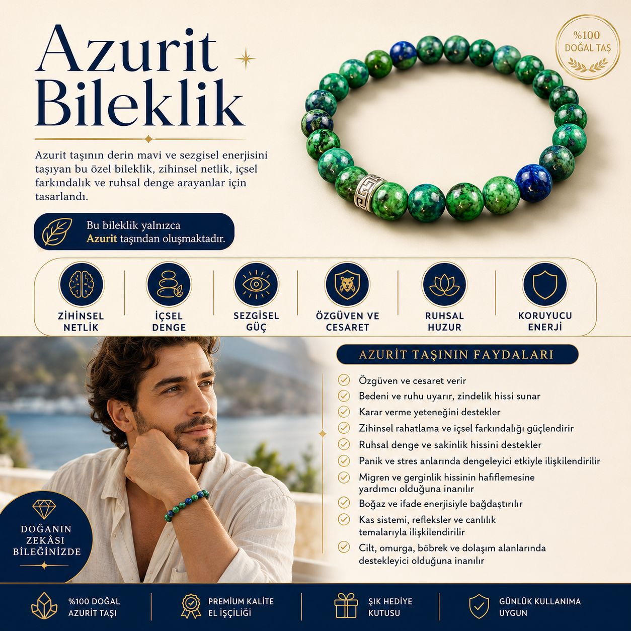 Azurit Doğal Taş Bileklik