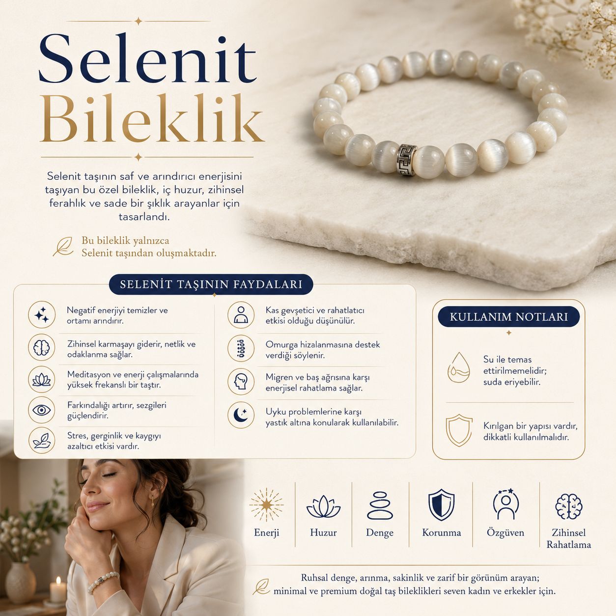 Selenit Doğal Taş Bileklik