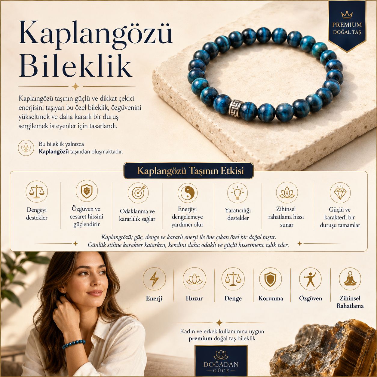 Kaplangözü Doğal Taş Bileklik (Mavi)