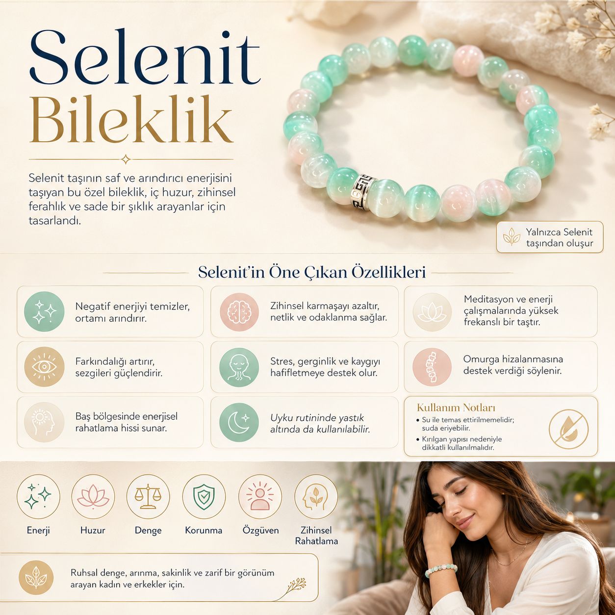 Selenit Doğal Taş Bileklik