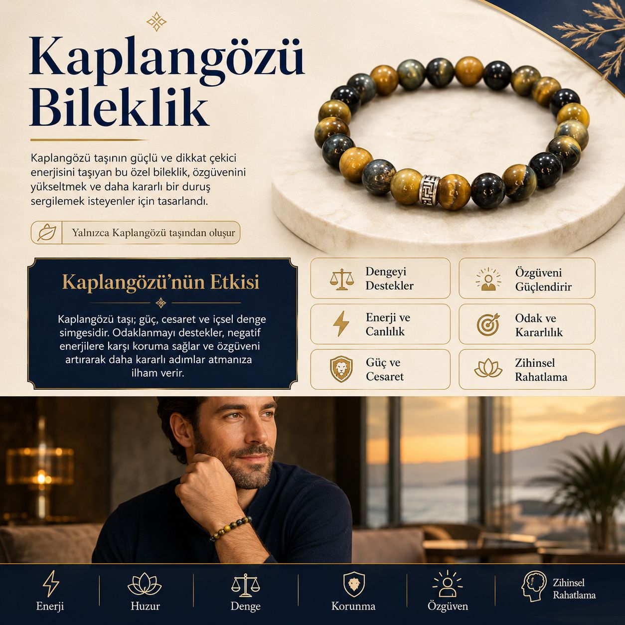 Kaplangözü Doğal Taş Bileklik (Siyah-Kahve)