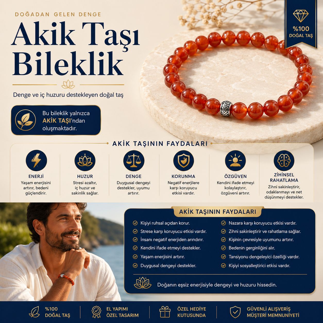 Akik Doğal Taş Bileklik