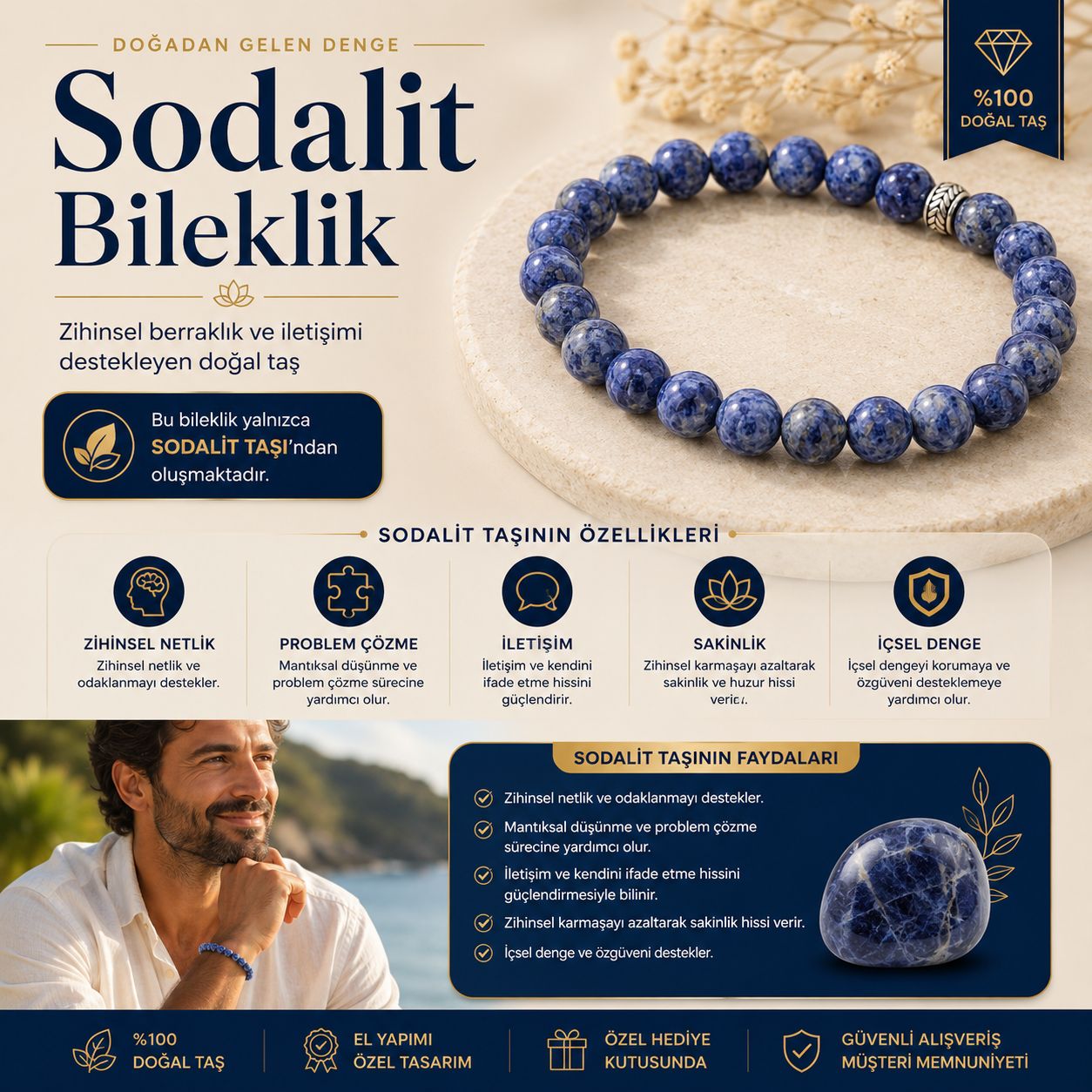 Sodalit Doğal Taş Bileklik