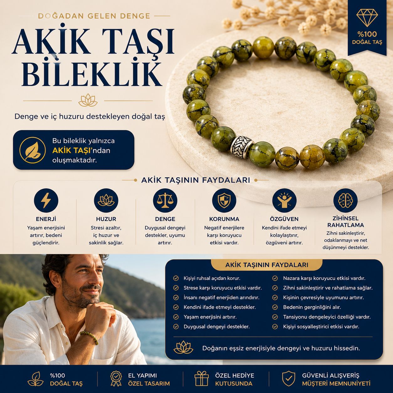 Akik Doğal Taş Bileklik