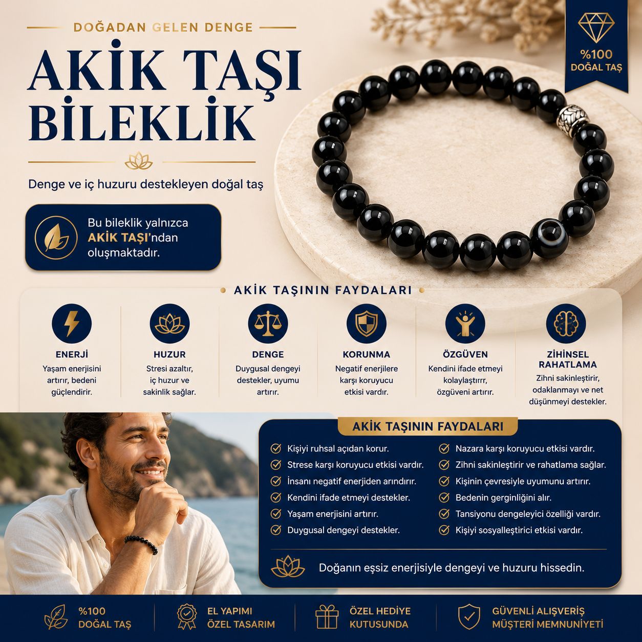 Akik Doğal Taş Bileklik