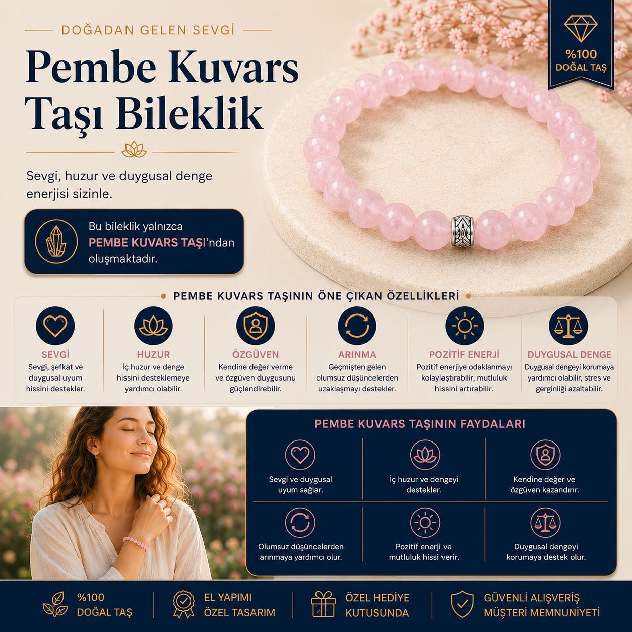 Pembe Kuvars Taşı Doğal Taş Bileklik