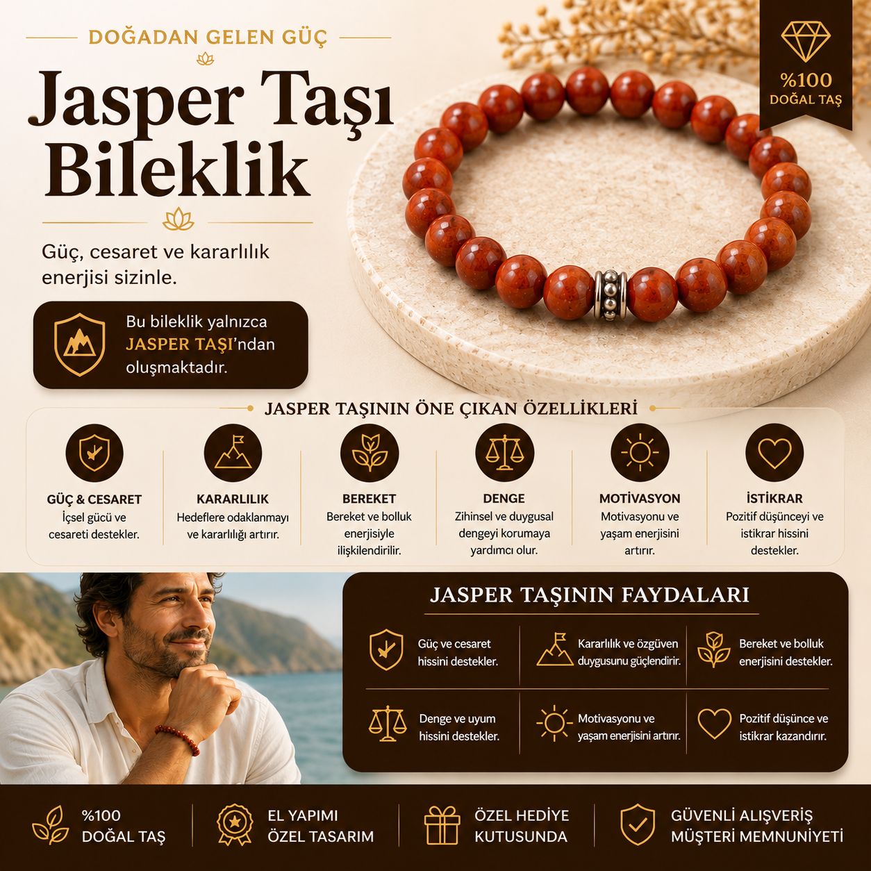 Kırmızı Jasper Taşı Doğal Taş Bileklik
