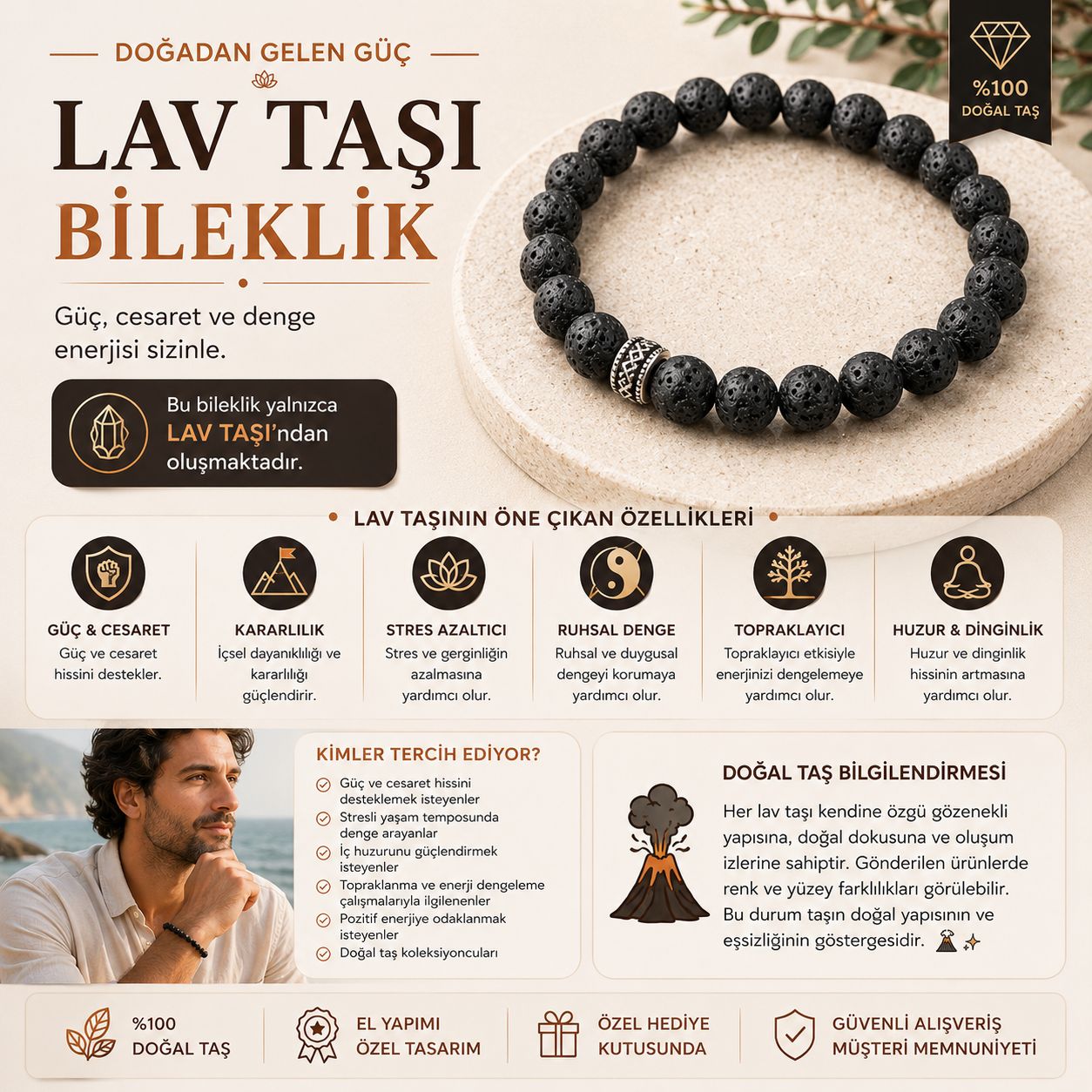 Lav Taşı Doğal Taş Bileklik