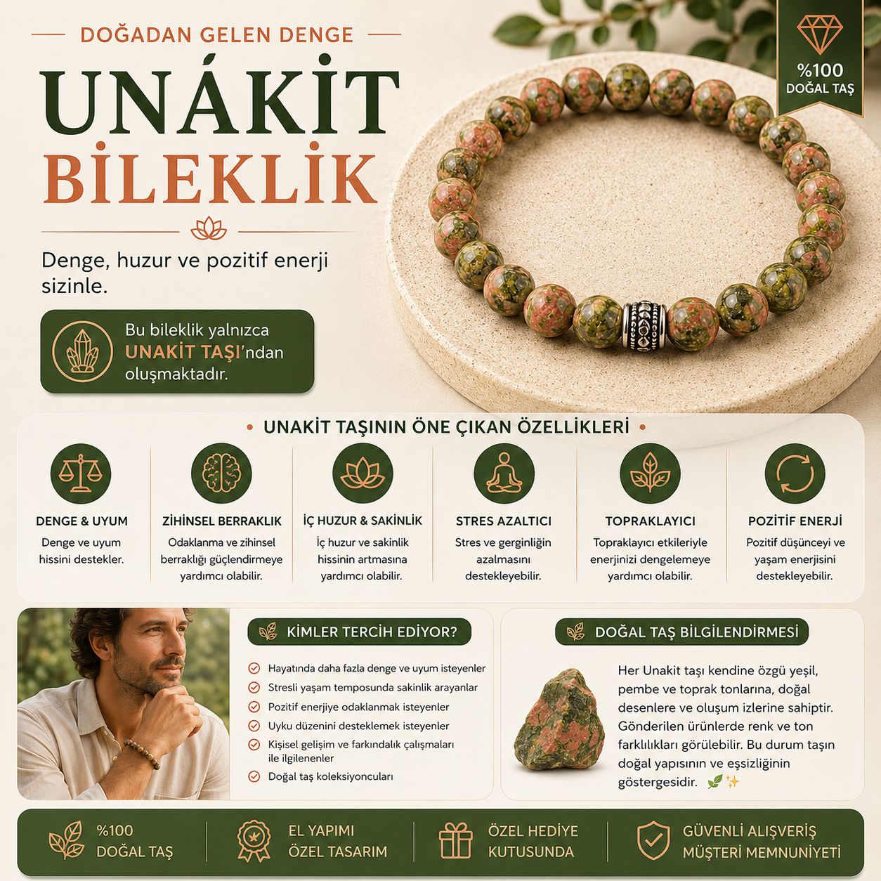 Unakit Taşı Doğal Taş Bileklik